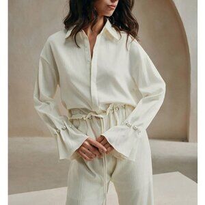 Elegant Pearl Decor Ruffle Sleeve Beige Blouse -	Beige